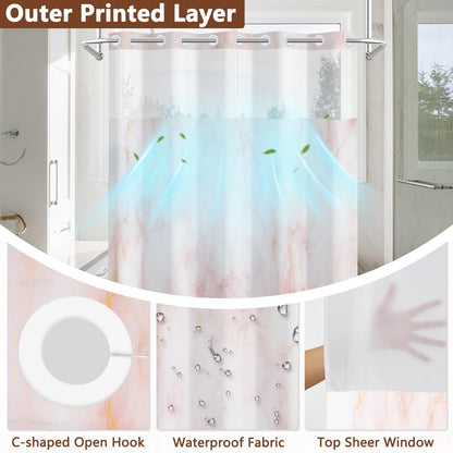 Pink Marble Shower Curtain with Snap in Liner, Modern Abstract Pink and Gold Art Bathroom Curtains Decor, Waterproof Fabric No Hook Shower Curtain with Top Mesh Window and Weighted Hem, 71x74 Inch