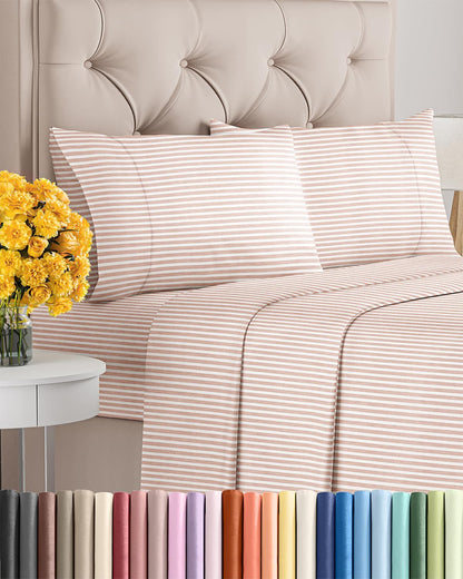 Full Size 4 Piece Sheet Set - Ultra Soft & Cooling Bed Sheets - Fits 8 Inch to 16 inch Mattress - Wrinkle & Fade Resistant with Deep Pockets - Breathable, Comfy Hotel Luxury Bedding - Blush Stripes