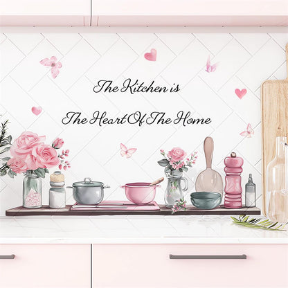 Kitchenware Utensil Shelf Wall Stickers, Pink Flower Butterfly Shelf Wall Decals Removable Vinyl Peel and Stick Kitchen Dining Restaurant Baking Room Bar Art Home Decorations