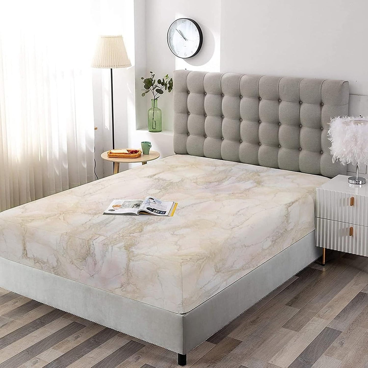 XISUNYA Decorative Bedding Sheet Set Cal-King Size, Marble Deep Pockets Fitted Sheet & 2 Pillow Sham Set, Pink and Peach Marble Background Crack Pattern Print Microfiber 3pc Bed Sheets Set