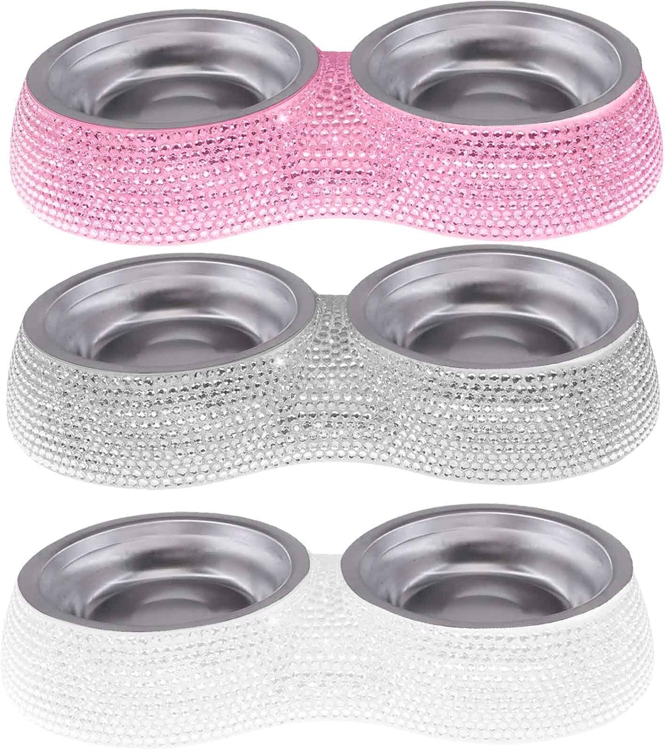 SAVORI Small Cat Bowls Pink, 320ML Handmade Bling Rhinestones Stainless Steel Pet Bowls Removable Double Food Water Feeder for Puppy Cats Dogs