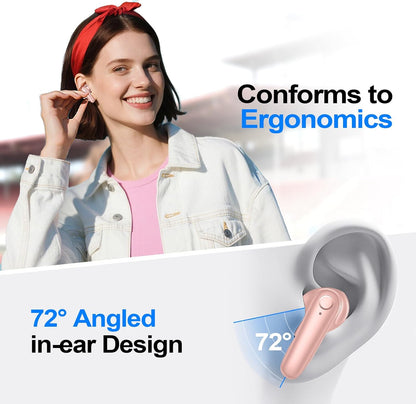 kurdene Wireless Earbuds Bluetooth 5.4 Headphones 60H Playtime Deep Bass Stereo Ear Buds with Mic Comfort Lightweight in Ear Earphones for Workout/Running Pink