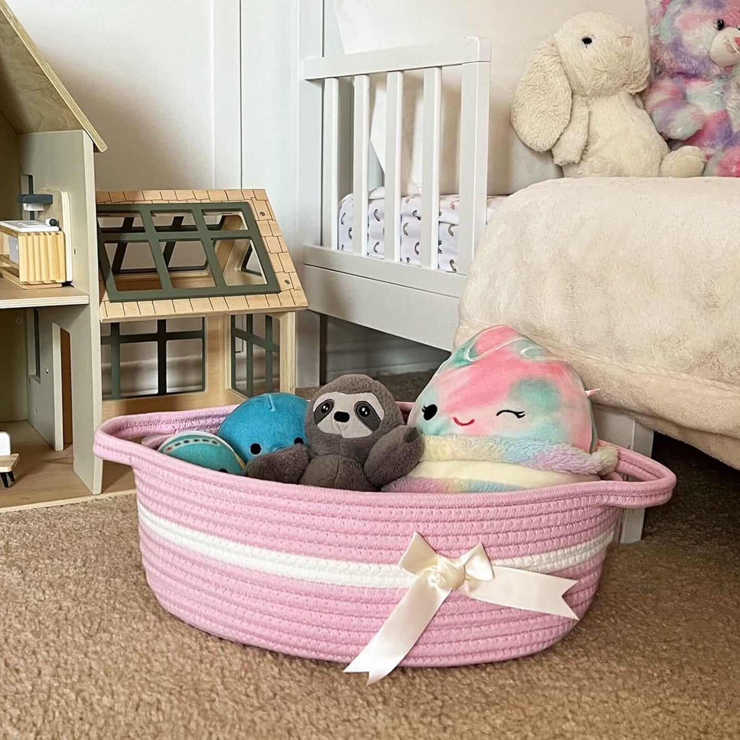 CHICVITA Pink Baby Girl Gift Basket, Small Woven Rope Basket, Rectangle Shelf Baskets for Bathroom, Cute Nursery Storage Baskets for Toys, Diapers, Towels, Snacks, 13 x 9.8 x 5 inches