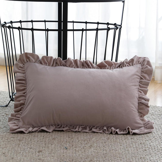ISAENNE French Light Pink Rectangle Throw Pillow Covers 12"x20" Set of 2, Solid Color Farmhouse Velvet Decoration Pillow Cover with Ruffles,Throw Pillow Case for Couch Sofa Bed Living Room Car