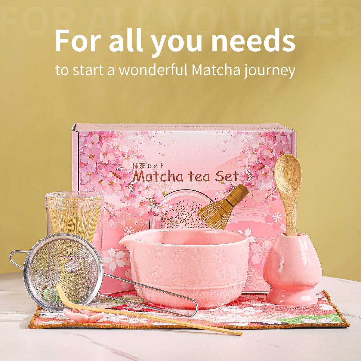 8-Piece Matcha Tea Set with Ceramic Bowls (Flower Pattern), Bamboo Whisk, Scoop, Spoon & Pink Sakura Gift Box – Traditional Japanese Matcha Whisking Kit for Tea Lovers (pink)