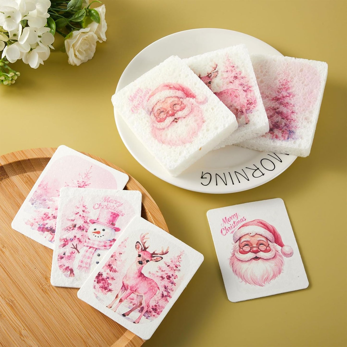 Chengu 12 Pcs Christmas Kitchen Sponges Pink Santa Reindeer Snowman Xmas Tree Water Absorbing Dish Washing Sponge Non Scratch Household Cleaning Scrub Sponges for Holiday Home Kitchen Bathroom