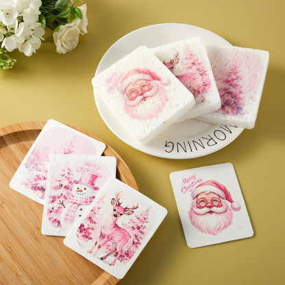 Chengu 12 Pcs Christmas Kitchen Sponges Pink Santa Reindeer Snowman Xmas Tree Water Absorbing Dish Washing Sponge Non Scratch Household Cleaning Scrub Sponges for Holiday Home Kitchen Bathroom