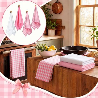 Mindsoft 4 Pcs Gingham Kitchen Towels Set Gingham Dish Towels 29.5 x 15.7 Inch Quick-Drying Hand Tea Towel for Farmhouse Restaurant Accessories Kitchen Decor(Pink and White)