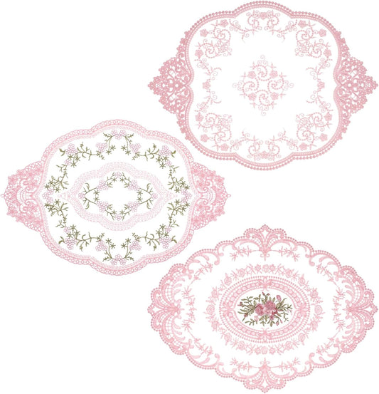 3 Pcs Pink Retro Lace Placemats, 12x16 in Lace Doilies for Tables French Crochet Oval Embroidered Table Place Mats for Wedding Party Home Vase Cup Mat Table Decor(3 Sizes)