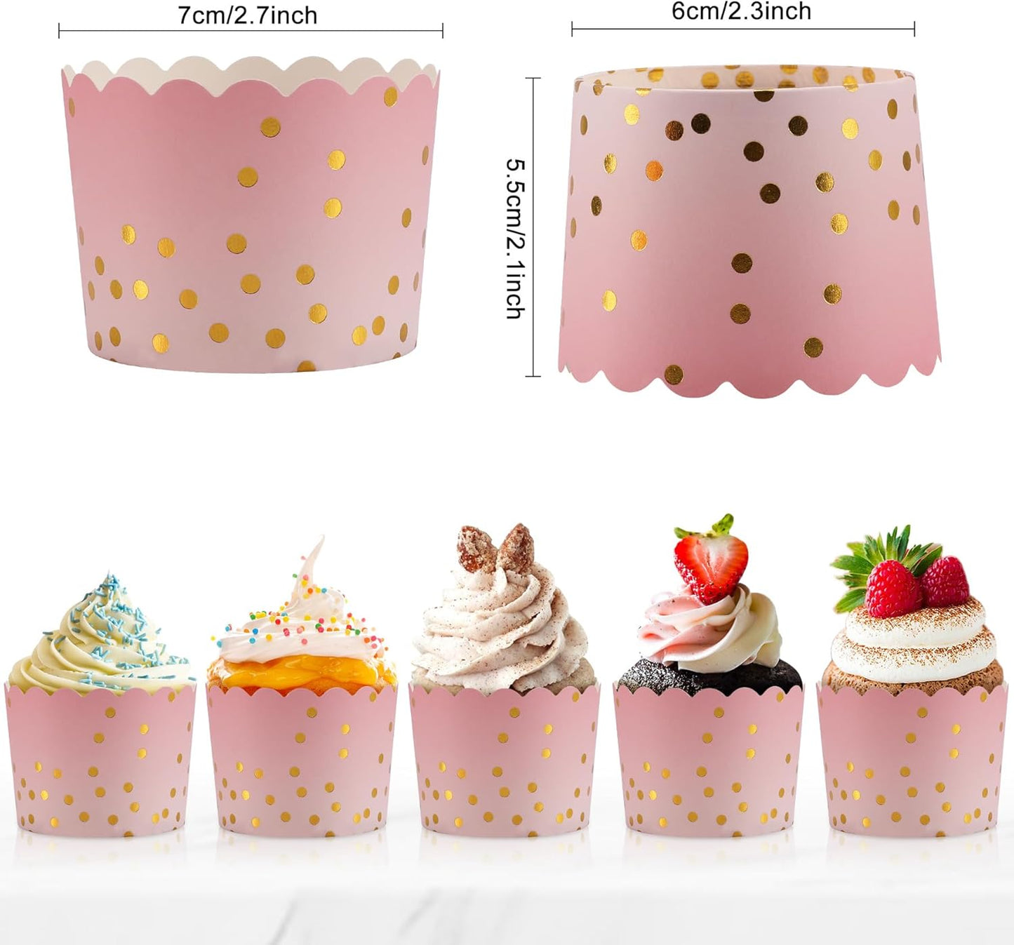 Pink Cupcake Liners for Baking, Standard Size Muffin Paper Liners with Gold Polka Dots, 50Pack Baking Cups for Baby Shower, Birthday Party, Valentines Day, Mother's Day Cupcake Liners
