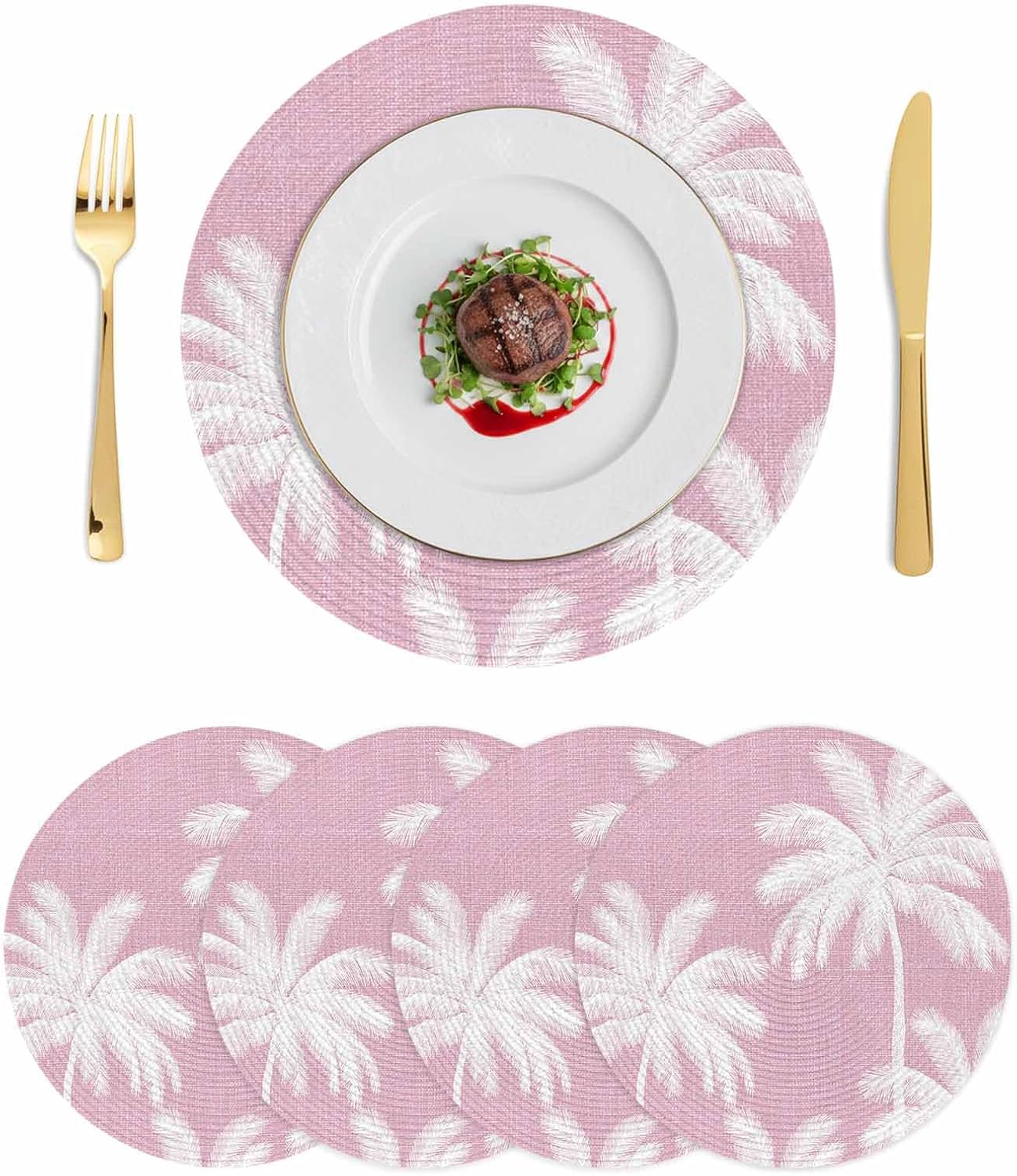 Round 15 Inch Placemats Set of 4, Peach Pink Palm Tree HeatResistant Non Slip Place Mats for Dining Table, Summer Botancial Tropical Farmhouse Wipeable Braided Kitchen Table Mats for Housewarming
