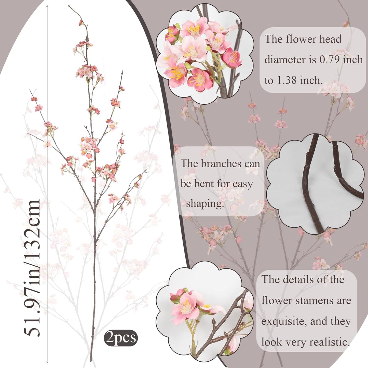 2Pcs Cherry Blossom Branches Long Stems Fake Flowers for Spring Indoor Home Decor 52" Faux Artificial Cherry Flowers for Tall Vase Wedding Office Party Centerpieces Bedroom Decor Champagne Pink