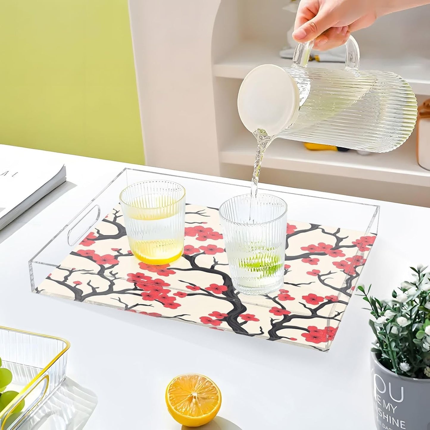 Pink Peach Flowers Acrylic Serving Tray with Handles,Clear Serving Tray Decorative Organiser for Ottoman, Kitchen, Bedroom Decorative 12x16 Inches