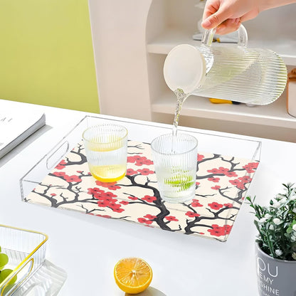 Pink Peach Flowers Acrylic Serving Tray with Handles,Clear Serving Tray Decorative Organiser for Ottoman, Kitchen, Bedroom Decorative 12x16 Inches