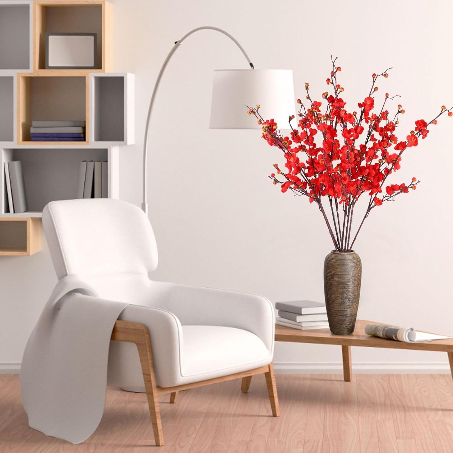 8pcs Red Cherry Blossom Branches Artificial Flowers for Winter Spring Indoor Decoration, 36" Plum Fake Peach Plants for Wedding Home Office Bedroom Party Decor (red, 36in)