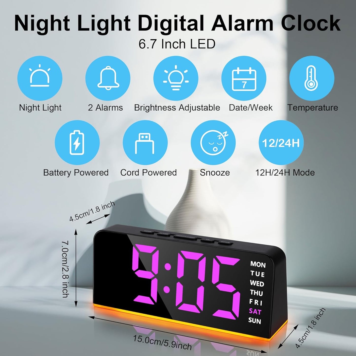 Lafocuse Digital Alarm Clock Bedside with Night Light, 6.7" LED Display Digital Clocks Type-C/Battery Powered with Snooze Adjustable Brightness Temperature for Heavy Sleepers Bedroom Office, Pink