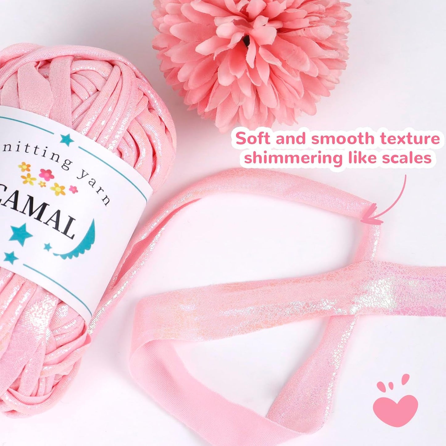 CAMAL 3 Skeins T Shirt Yarn Soft Tape Crochet Yarn Sparkle Metallic Yarn for Crocheting and Knitting Beginner, Knitting Handbag, Basket, Dolls, DIY Hand Projects - 300g (Light Pink)