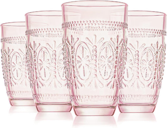 Colored Vintage Drinking Glasses Set of 4, 15.5 oz Romantic Embossed Water Glasses, Colored Tumblers Tempered Glass for Juice, Beverages, Beer, Cocktail (Pink)