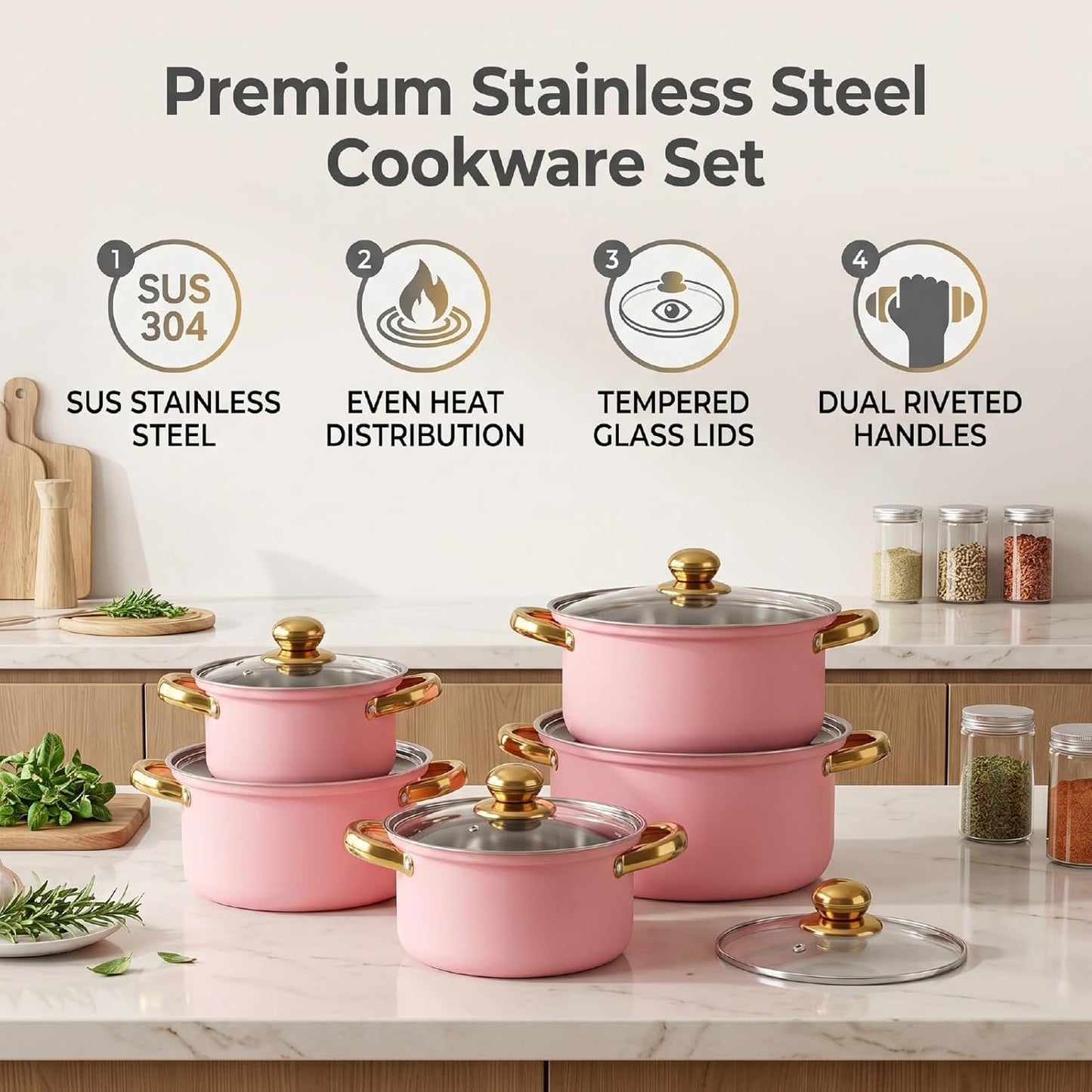 Zerodis 5Pcs Stainless Steel Stock Pot Sets, 16cm/18cm/20cm/22cm/24cm Sauce Pans with Transparent Glass Lids and Handles for Kitchen Cooking Boiling Frying Stewing (Pink)