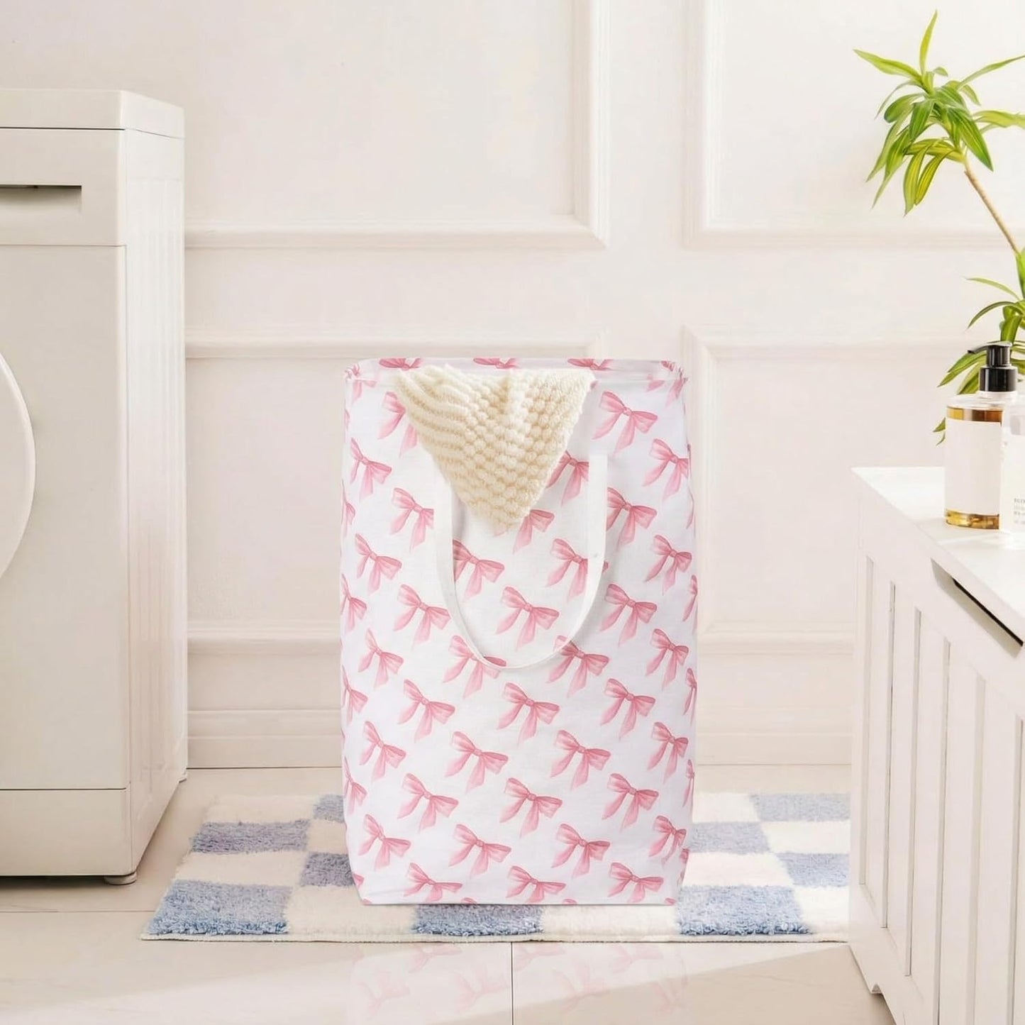 Leinuosen 2 Pcs 80l Large Bow Pink Laundry Hamper Basket with Waterproof Inner Lining, Collapsible Pink Clothes Storage Baskets Bin with Handles for Bedroom, Nursery & Home Organization(Pastel)