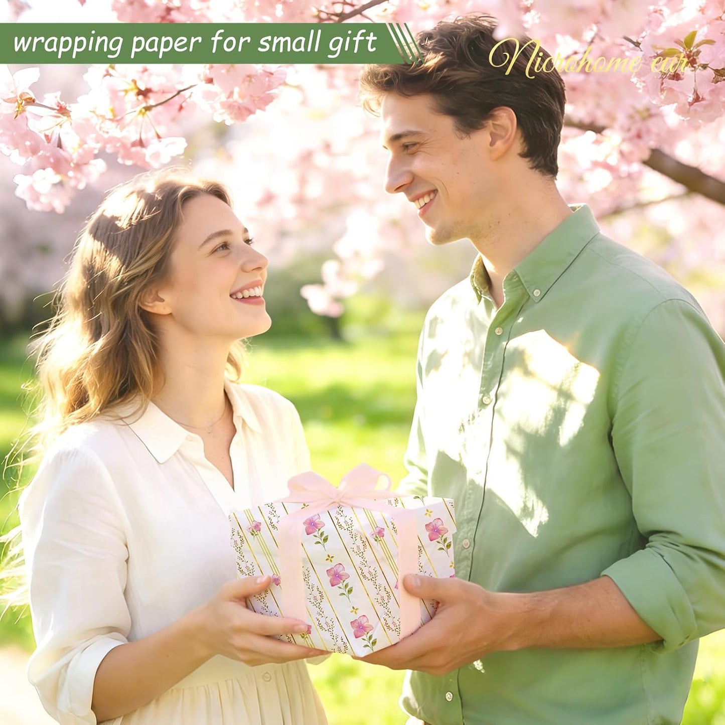 NICROHOME EUR 24 Sheets Floral Tissue Paper, Sage Green and Pink Small Tissue Wrapping Paper for Gift Bags, Birthday, Wedding, Flower Bouquet, Bridal Shower, Christmas Gift Tissue Paper 15x20Inch