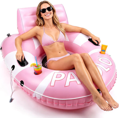 River Tubes for Floating Heavy Duty, 53" Inflatable Pool Floats Adult, Water Tube with Mesh Seat, Full Support Headrest, 2 Cup Holder, 450lb Capacity - Ideal for Pool, River, Lake Float