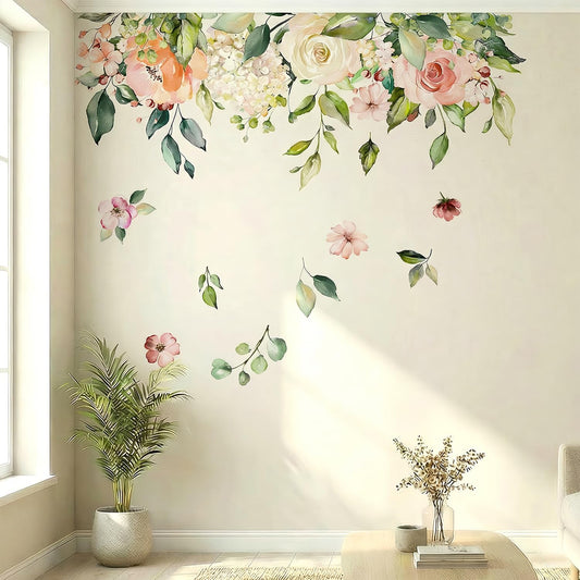 Watercolor Floral Flowers Wall Decals - Pink Rose Green Leaf Flowers Wall Stickers for Girls Bedroom, Nursery, Living Room - Removable Peel and Stick DIY Wall Decor Art Murals - Boho Floral Decor