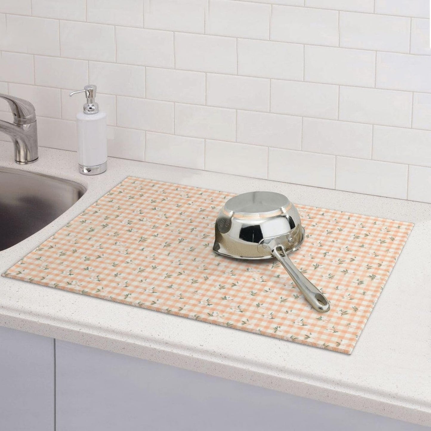 Tiny White Blossoms On Peach Cream Checkered Dish Drying Mat For Kitchen Counter, Drain Rack Mat Microfiber Quick Dry Dish Pad