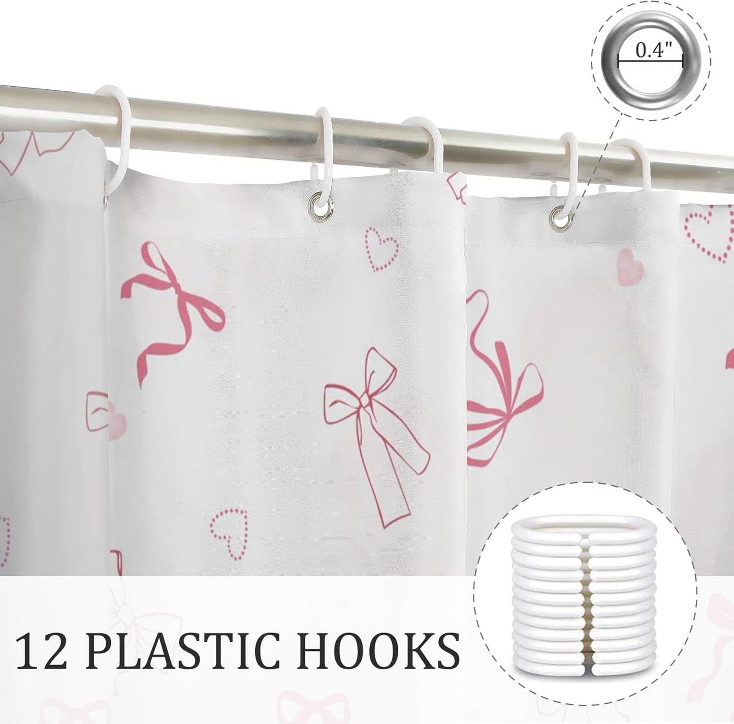 Cute Bow Shower Curtain Pink Striped Gingham Girly Shower Curtain Set for Bathroom Sweet Heart Plaid Modern Waterproof Fabric Bath Curtains with Hooks for Women Girls 72 X 72 Inch