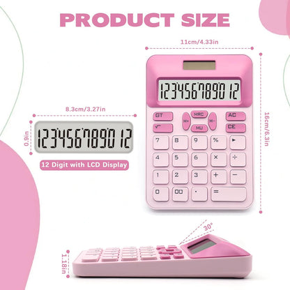 Pink Calculator, Basic Calculator with 12 Digit LCD Display, Pink Office Supplies, Cute Accessories for Office, Home, School, Shop