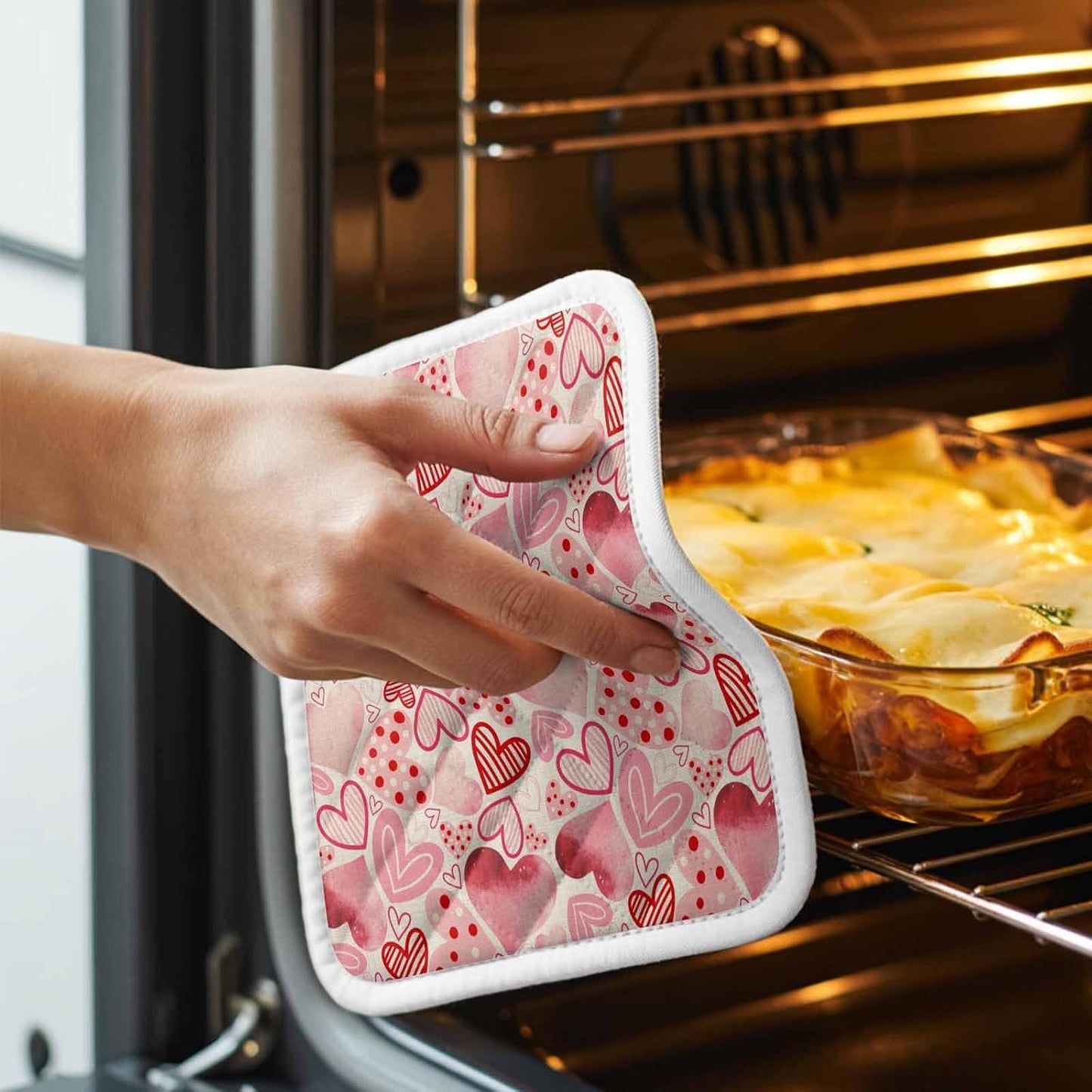 Valentine's Day Pot Holders for Kitchen, Romantic Light Pink Loves Polka Dot Pot Holder with Loop Trivet Heat Insulation Oven Mitts Hot Pads, Washable Potholders for Cooking Baking 2 Pack