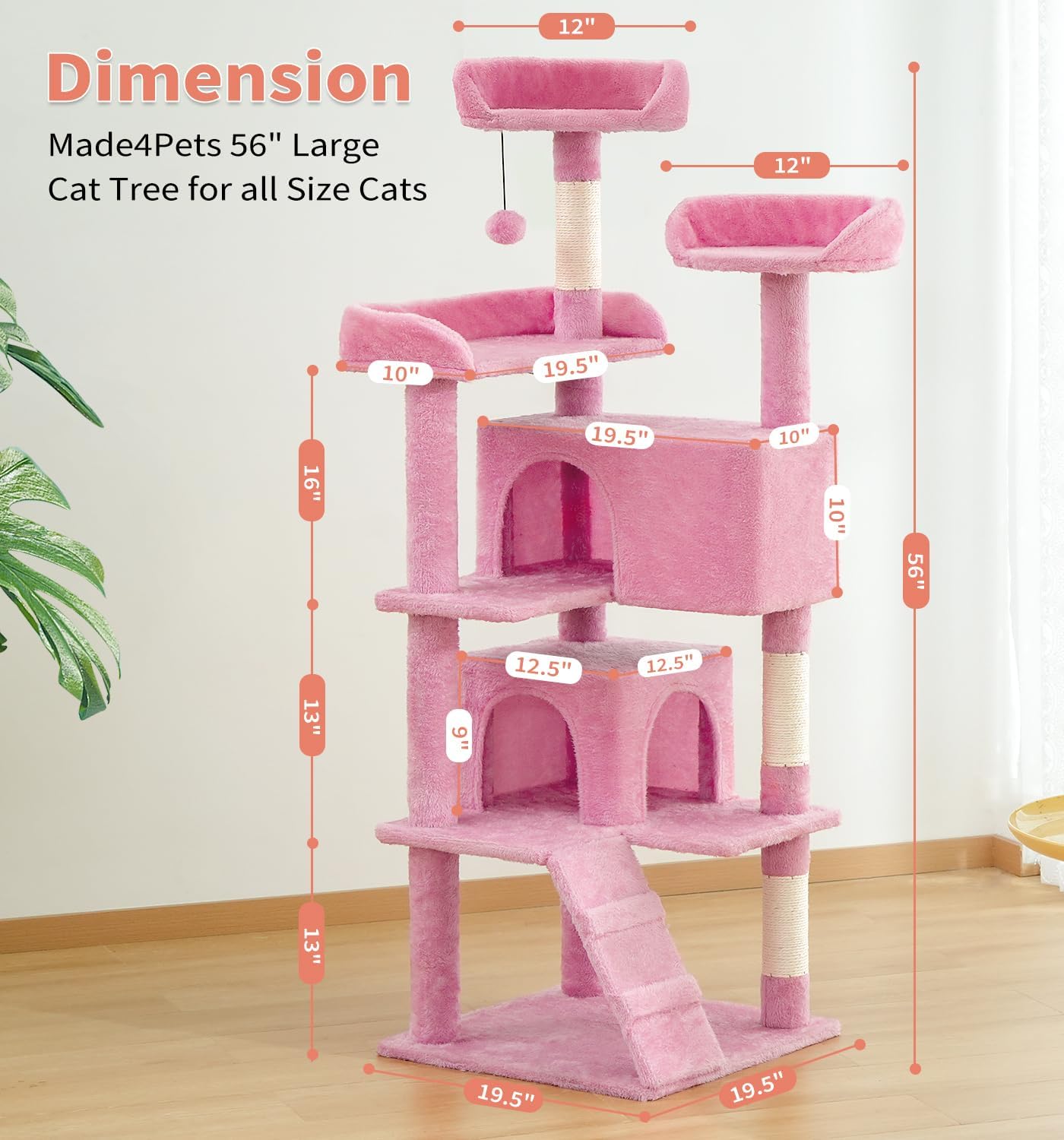 Made4Pets Cat Tree Tower 56" Cat Tower for Indoor Cats Kitten Tree Multi-Level Cat Tree with 2 Condo Furniture Activity Center with Scratching Posts Funny Toys (Pink)