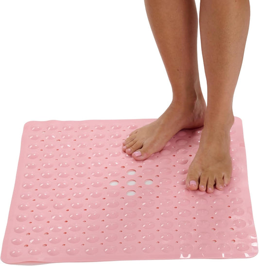 ENKOSI Square Shower Mat – 21 x 21 Inch Non-Slip Mat with Suction Cups and Drain Holes – Anti-Slip Square Bathroom Bathtub Shower Mats for Inside Shower (21x21 Baby Pink)