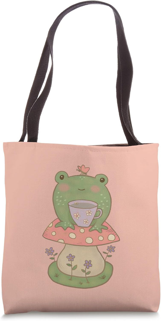 Cute Frog Tea Lover on Mushroom Cottagecore Farm Peach Pink Tote Bag