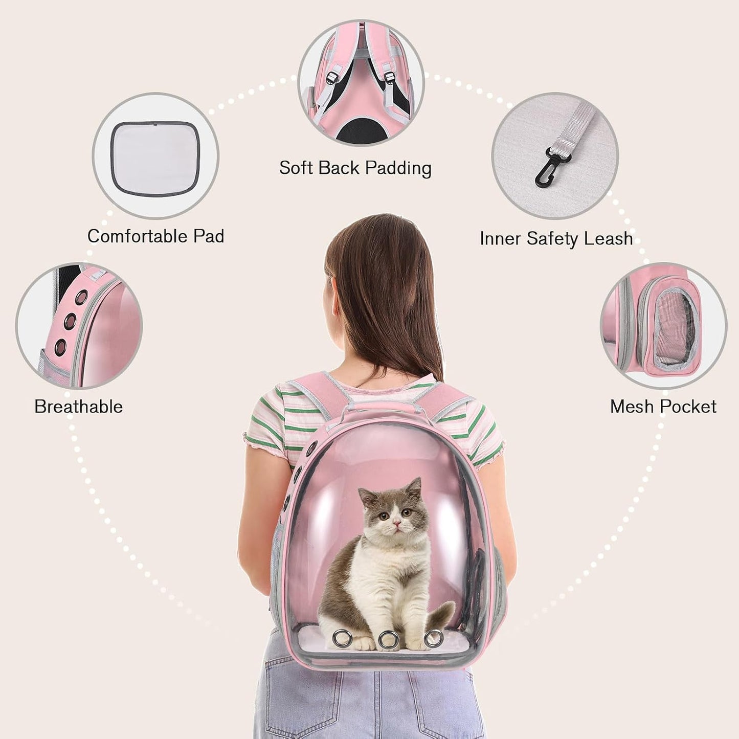 Cat Carrier Backpack, Pet Carrier Backpack Front Pack for Small Medium Cat Puppy Dog Carrier Backpack Bag Space Capsule, Airline-Approved Pet Carrier for Travel Hiking Walking Camping (Pink)