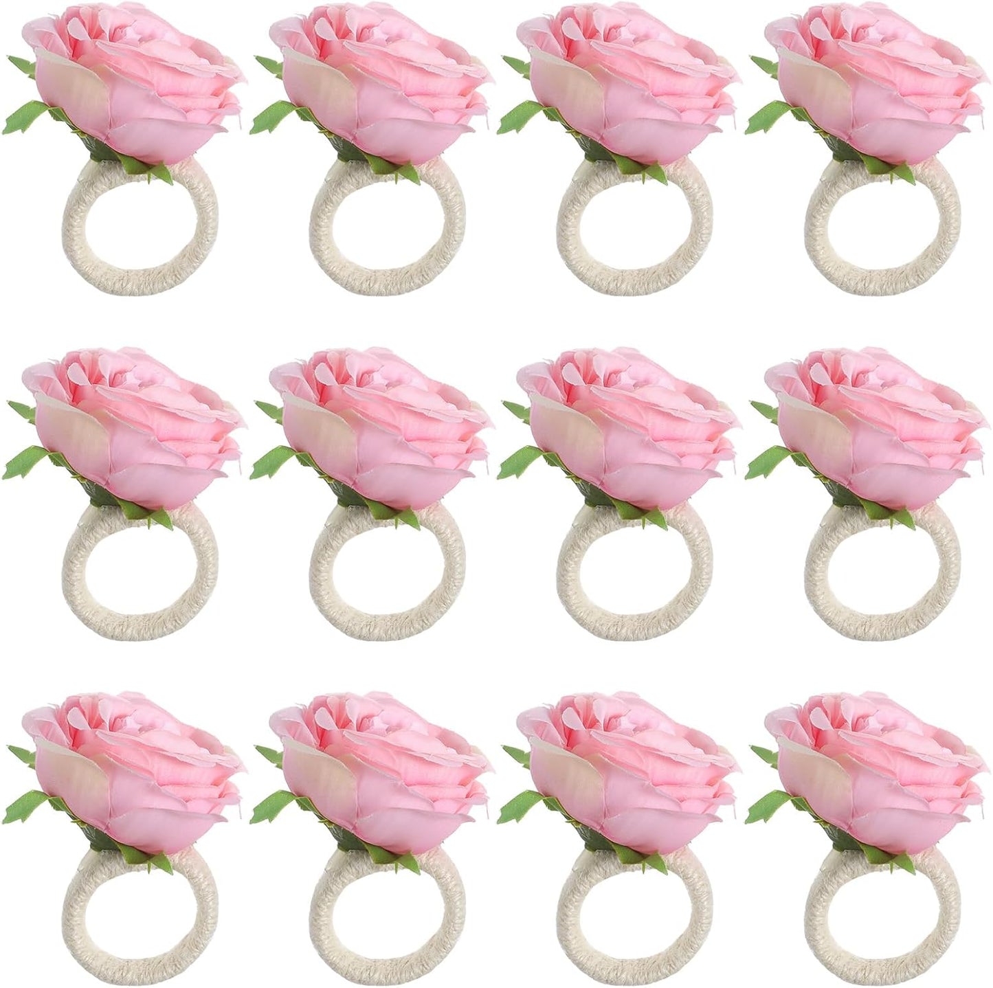 12 Pcs Flower Napkin Rings,Pink Peony Flower Handmade Napkin Holder Rings Table Decorations for Wedding,Fall,Daily Party,Picnics,Banquet,Luncheons,Birthday,Christmas,Valentine's,Thanksgiving