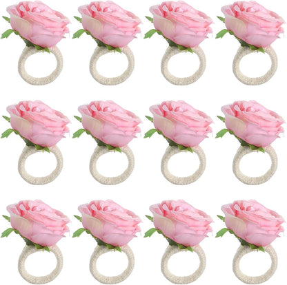 12 Pcs Flower Napkin Rings,Pink Peony Flower Handmade Napkin Holder Rings Table Decorations for Wedding,Fall,Daily Party,Picnics,Banquet,Luncheons,Birthday,Christmas,Valentine's,Thanksgiving