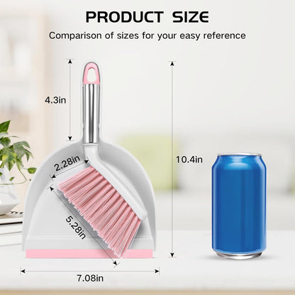 NACENA Mini Broom and Dustpan Set 2 Packs, Small Dust Pan and Brush Set with Handle Dustpan Teeth for Cleaning Hair Suitable for Office Desks Drawers Sofas Outdoor Camping, Pink