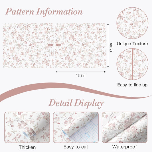 Floral Peel and Stick Wallpaper Vintage Wallpaper 78.7"×17.3" Pink Floral Wall Paper Peel and Stick Cherry Blossom Contact Paper for Nursery Bathroom Kitchen Self-Adhesive Vinyl Waterproof
