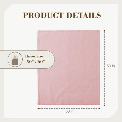 Carriediosa Wool Blend Knit Throw Blanket 50% Recycled Poly 50x60 Pink | Rib Knitted, Lightweight, Soft, Fuzzy, Cozy, Fluffy, Throws, Blankets, Bed Cover, For Couch, For Sofa