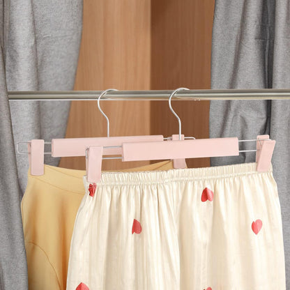 GUANJUNE Clothes Pants Hangers, Space-Saving Skirt Holders with 360 ° Swivel Hooks, Adjustable Clips, Trouser Hangers, Clothes Coat Garment Jeans Hangers (10 Pack, Pink)