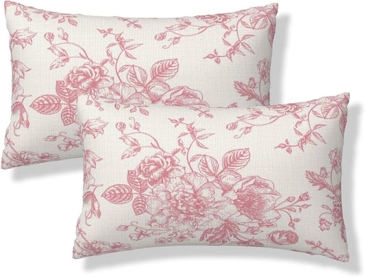 Pink Floral Lumbar Pillow Covers 12x20 Set of 2 Vintage Chinoiserie Flower Decorative Throw Pillowcases Farmhouse Rectangle Cushion Case for Couch Bed Sofa Chair Outdoor Home Decor