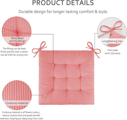 ELFJOY 4 Pack Chair Cushions for Dining Kitchen Chairs 18 Inches Seat Cushion Pads Warm Thick Corduroy Comfort Chair Cushions for Office with Ties(18", Light Pink)