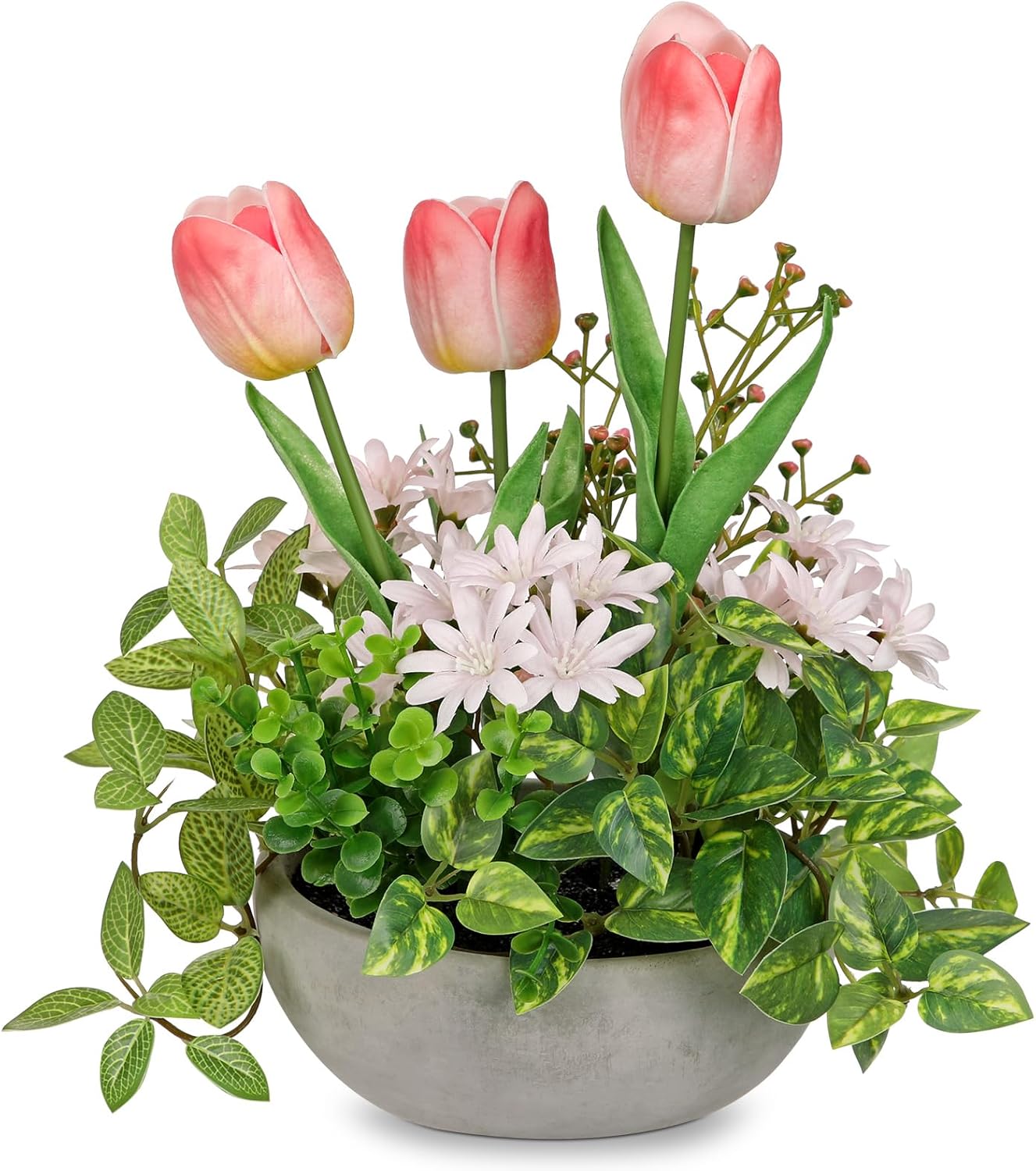 Flower Centerpieces 10.6" Artificial Plants & Flowers in Pot Mixed Artificial Tulip with Pink Flowers Green Plant, Realistic Farmhouse Flowers Arrangements for Table Office Desk Kitchen Home Decor