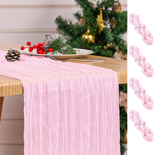 4 Pack Pink Table Runner 17 x 108inch Cheesecloth Table Runner Boho Gauze Table Runners Romantic Rustic Sheer Fabric Cheese Cloth Table Runners for Wedding Party Bridal Shower Table Decor(Light Pink)