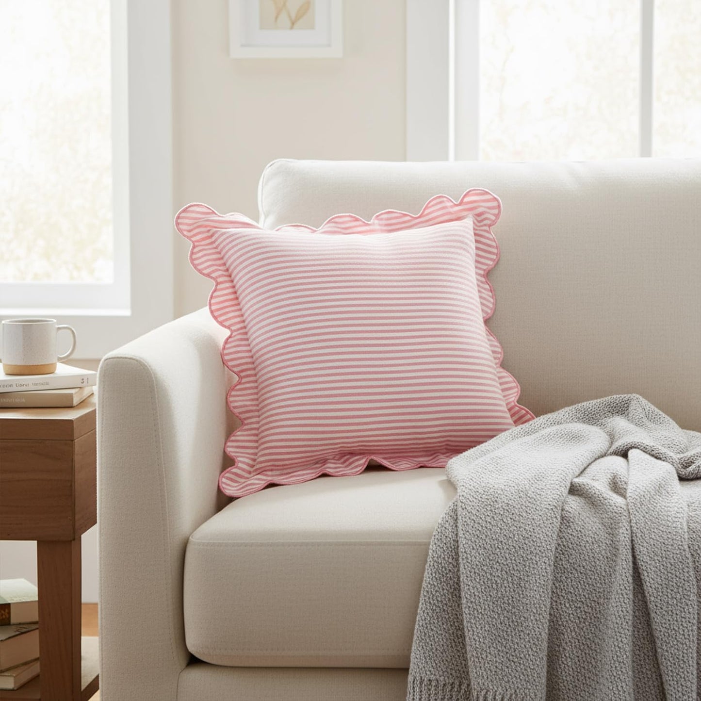 Newwiee 2 Pack Scalloped Pillow Cover 18 x 18 Inch Stripe Throw Pillow Cover Cotton Decorative Pillowcase for Women Men Couch Living Room Cushion Indoor Outdoor Decoration(Pink, Scalloped)