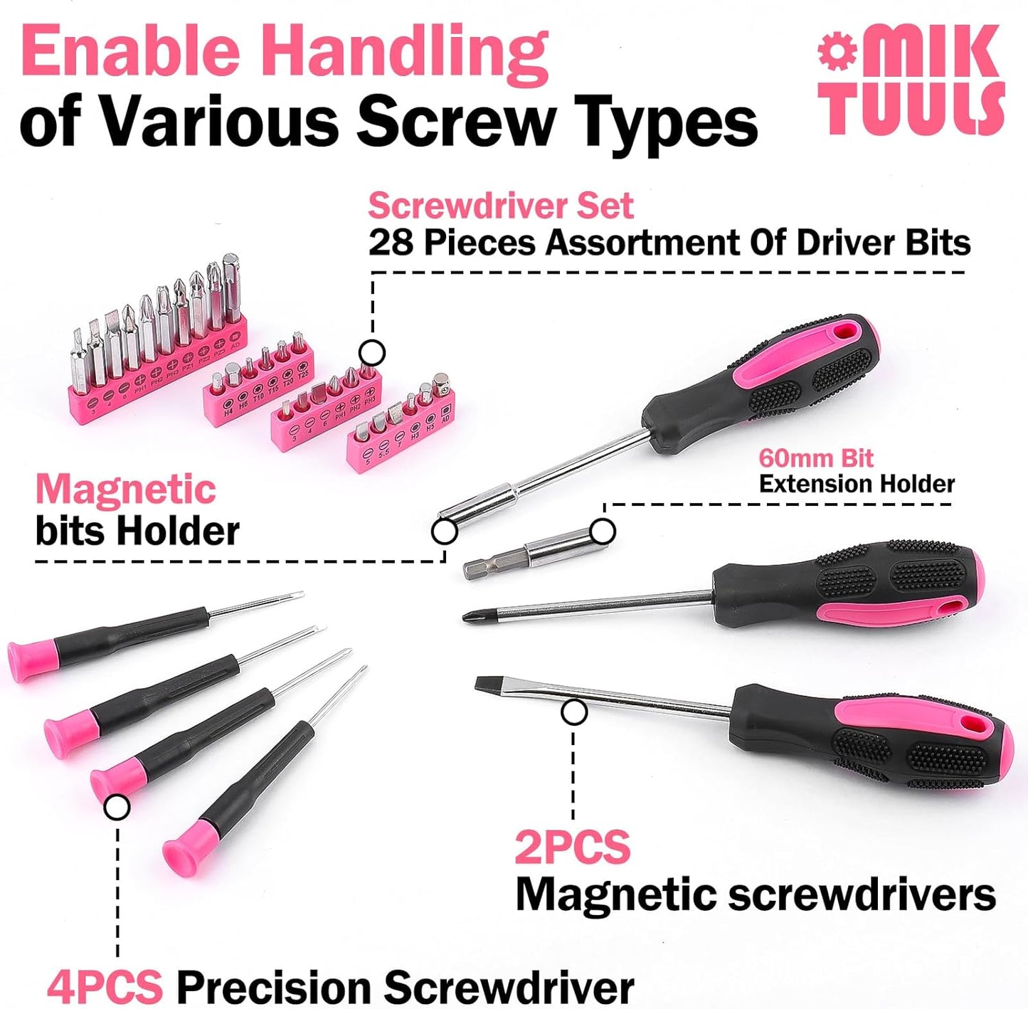 152PCS Home Tool Kit with 12V Cordless Drill, Pink