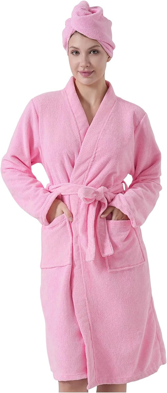 Kimono Lightweight Bathrobe for Women Terry Cloth Robes Microfiber Knee Length Towel Bathrobe with Hair Towel