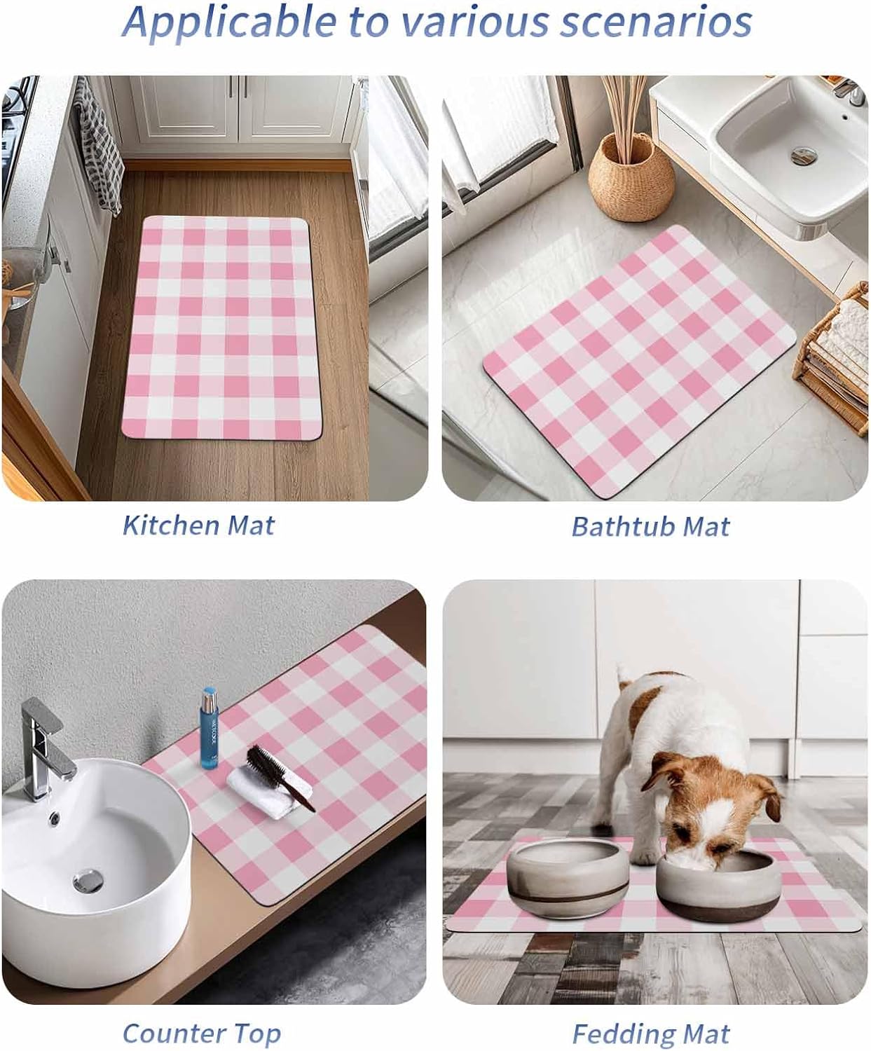 Bath Mat Absorbent Bathroom Rug,Pink Gradient Buffalo Check Non Slip Quick Dry Bath Rugs Diatomite Stone Shower Mat,Modern Geometric Grid Washable Doormat Kitchen Mats