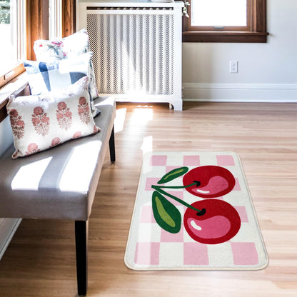 SHIYUE Cute Cherry Bath Mat for Bathroom Checkered, Non Slip Extra Soft Fluffy Absorbent Microfiber Fun Shower Decor (Pink 21"x30")